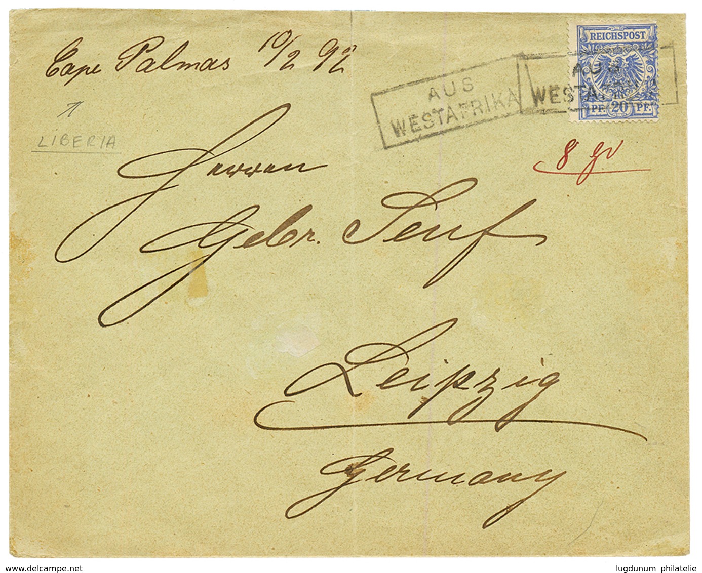 LIBERIA : 1892 GERMANY 20pf Canc. AUS WESTAFRIKA + "CAPE PALMAS 10/2 92" On Envelope To GERMANY. Vvf. - Liberia