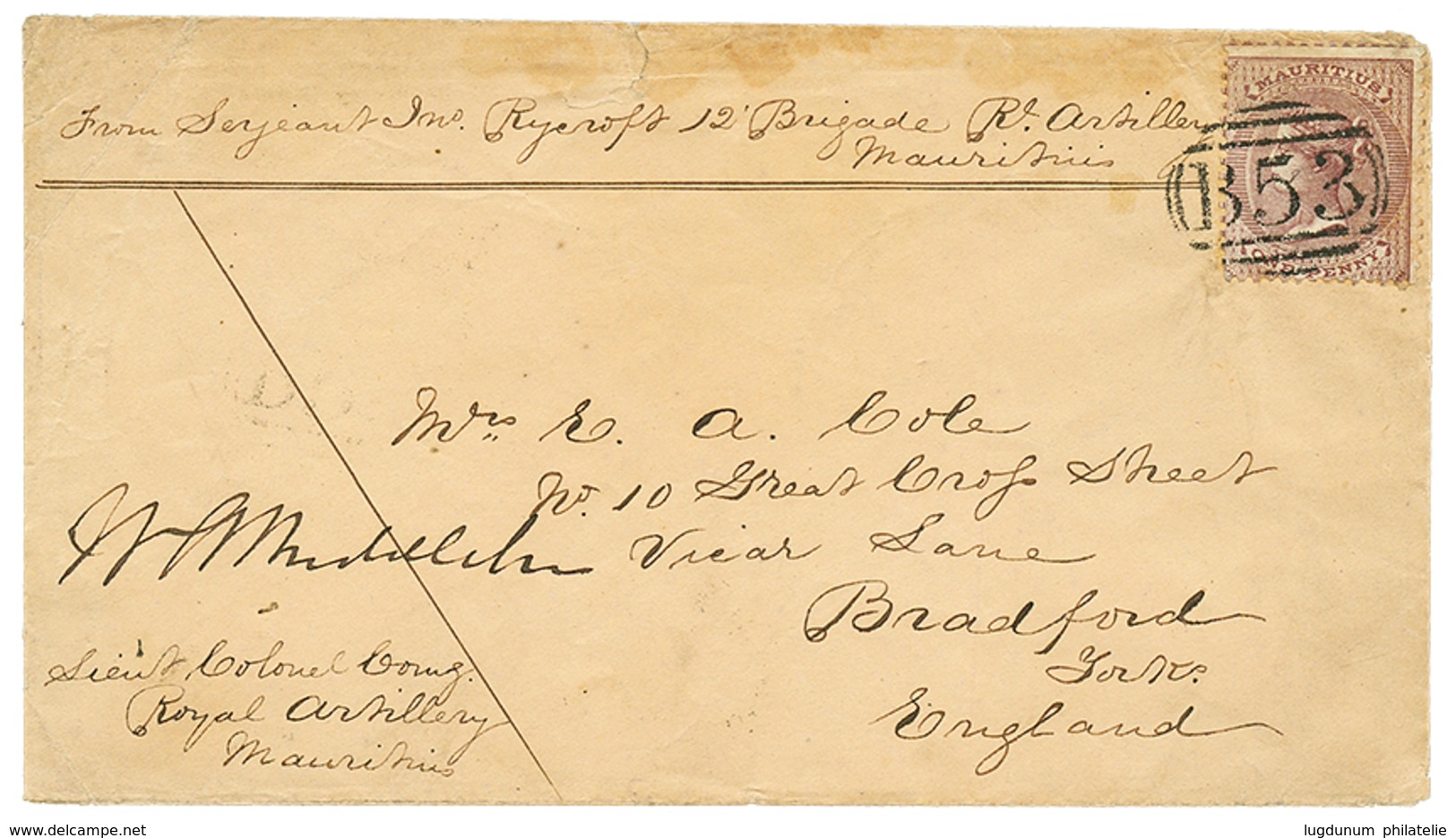 MAURITIUS - SOLDIER LETTER : 1862 1 PENNY Canc. B53 On MILITARY Envelope From "ROYAL ARTILLERY MAURITIUS" To ENGLAND. RA - Mauritius (...-1967)