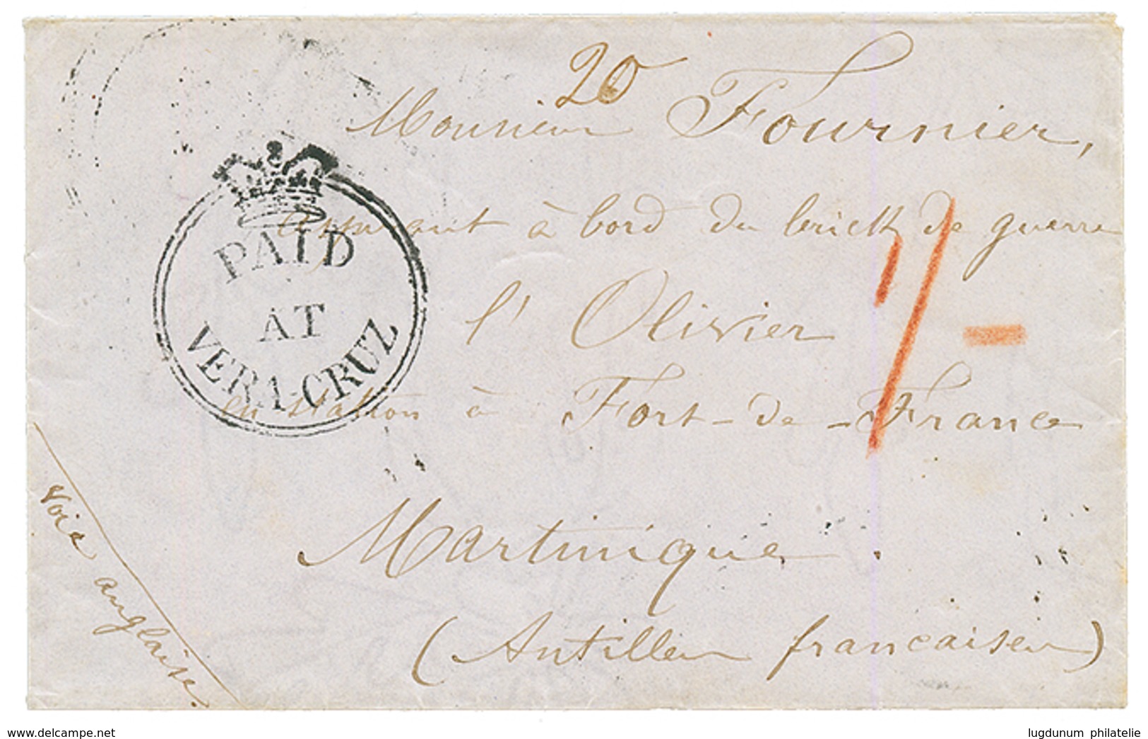 MEXICO : 1859 PAID AT VERA-CRUZ On Envelope With Text Datelined "SACRIFICIOS To FORT DE FRANCE (MARTINIQUE). Scarce. Sup - México