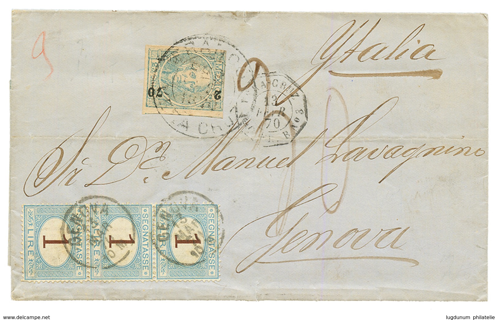 MEXICO : 1870 25c Canc. FRANCO VERA-CRUZ On Cover ( Triple Rate) To GENOVA (ITALY) Taxed On Arrival With 1 LIRE Strip Of - México