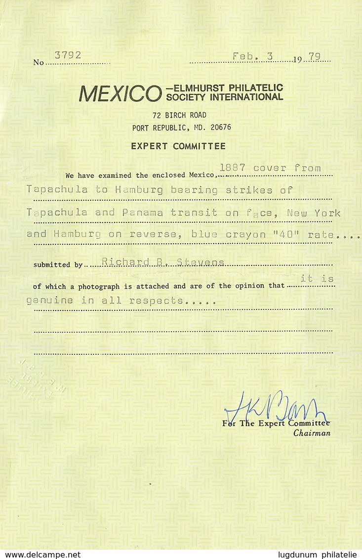 MEXICO : 1887 FRANCO EN TAPACHULA + "NOHAY ESTAMPS" + TRANSITOT PANAMA On Envelope To HAMBURG. Verso, Duplex Cds NEW YOR - Messico