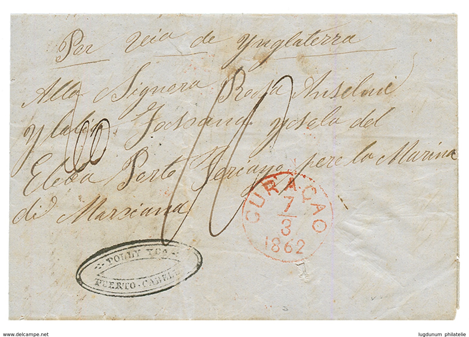 CURACAO : 1862 CURACAO In Red + FORWARDING AGENT Cachet POLNY/ PUERTO CABELLO On Entire Letter Datelined "BARQUISIMETO ( - Curaçao, Antilles Neérlandaises, Aruba