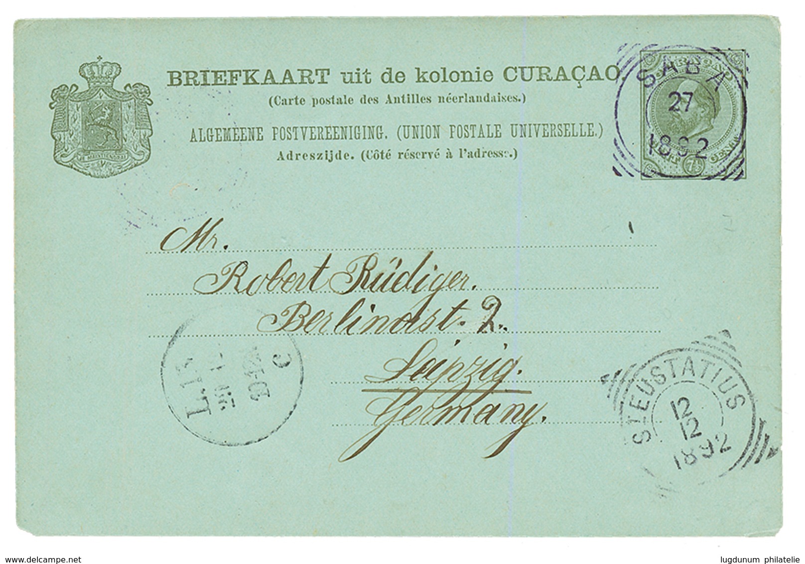 CURACAO - SABBA : 1892 P./Stat 7 1/2c Canc. SABBA + ST EUSTATIUS To GERMANY. Scarce. Vvf. - Curaçao, Antilles Neérlandaises, Aruba