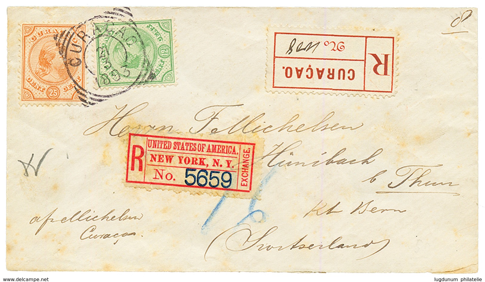 CURACAO : 1893 12 1/2c + 25c Canc. CURACAO On REGISTERED Envelope To SWITZERLAND. Vvf. - Curaçao, Antilles Neérlandaises, Aruba