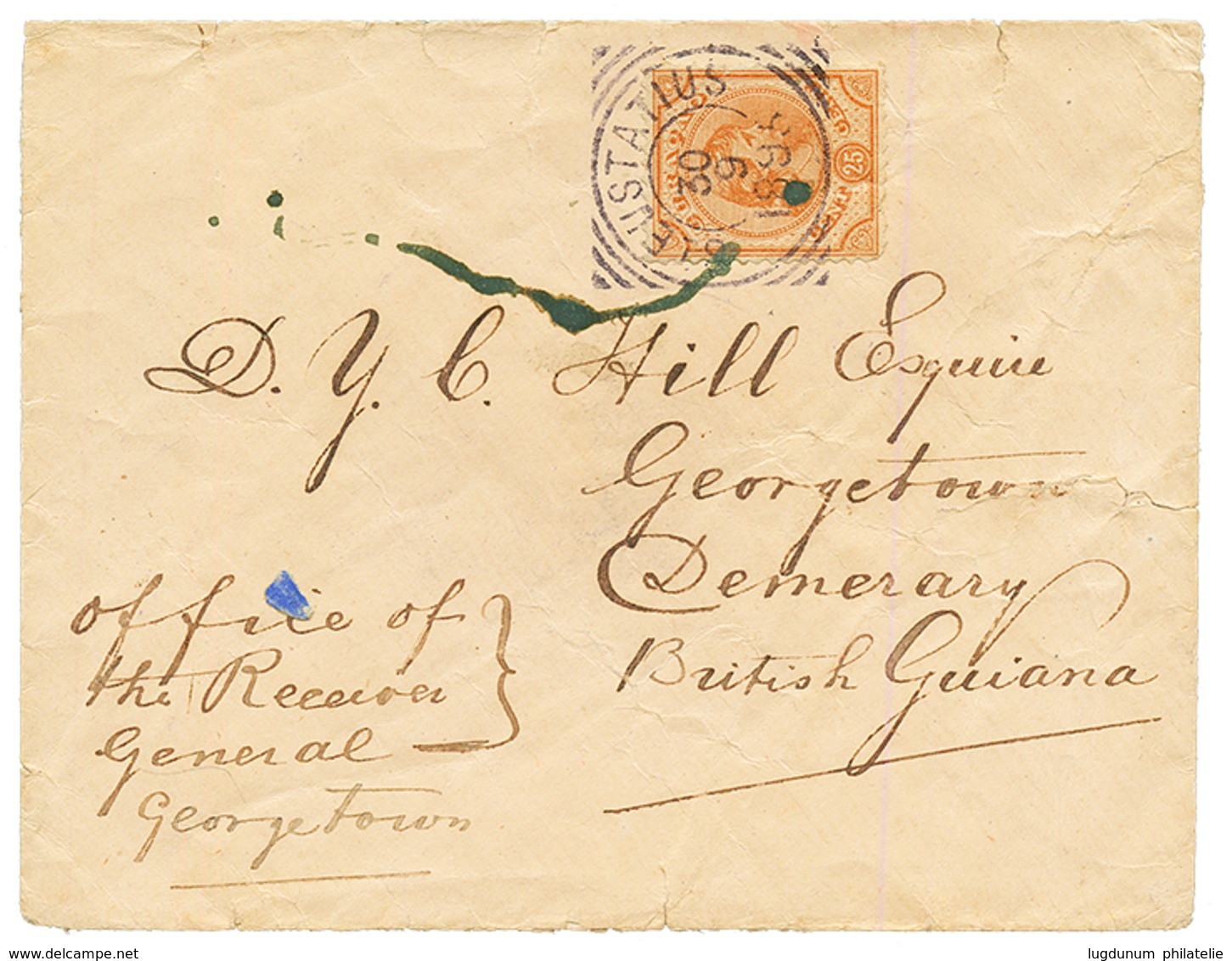 CURACAO : 1895 25c Canc. St EUSTATIUS On Envelope To To DEMERARY (BRITISH GUIANA). Faults But Scarce. Vf. - Curaçao, Nederlandse Antillen, Aruba