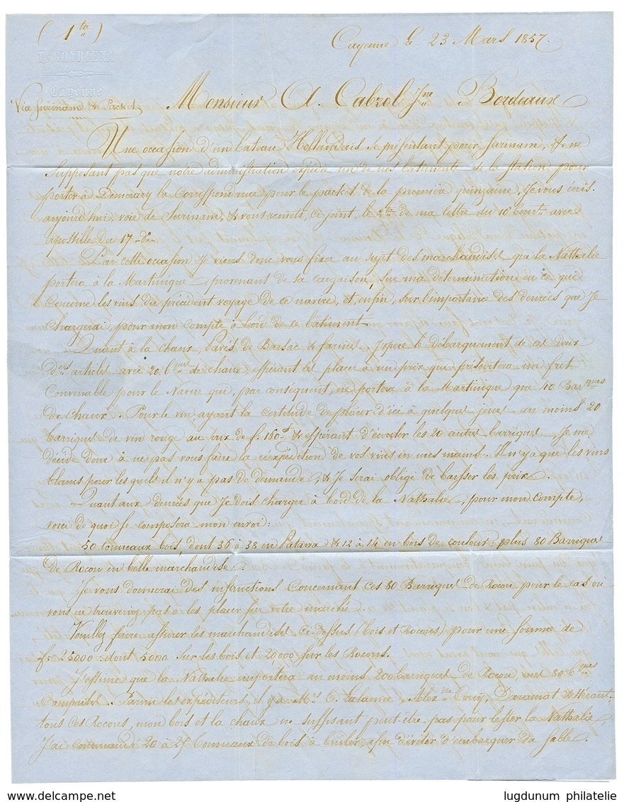 FRENCH GUIANA Via PARAMARIBO : 1857 PARAMARIBO + GB/1F60 Exchange Marking + DEMERARA (verso) On Entire Letter From CAYEN - Suriname ... - 1975