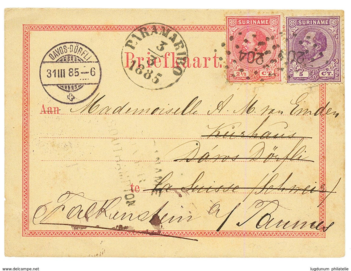 SURINAME : 1885 2 1/2c (small Fault) + 5c Canc. 204 + PARAMARIBO On Card To SWITZERLAND. Scarce. Vf. - Suriname ... - 1975