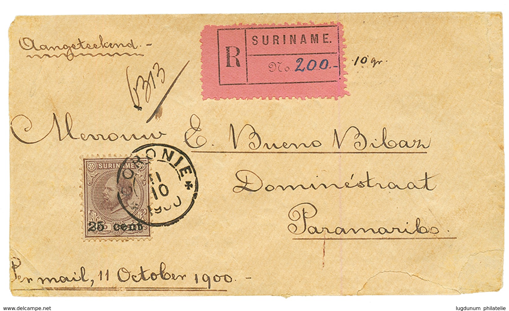 SURINAME - CORONIE : 1900 25c On 40c Canc. CORONIE On REGISTERED Envelope To PARAMARIBO. Scarce. Vvf. - Surinam ... - 1975