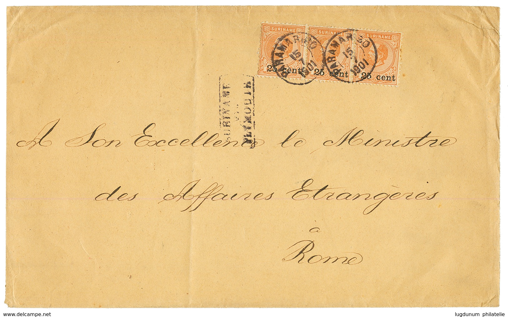 SURINAME : 1901 25c S/ 50c(x3) Canc. PARAMARIBO On Envelope To ROME (ITALY). Verso, CONSOLATO D' ITALIA PARAMARIBO Cache - Suriname ... - 1975