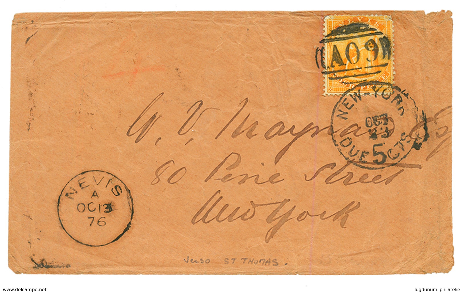 NEVIS : 1876 4d (fault) Canc. A09 + NEVIS On Envelope To NEW YORK. Verso, ST THOMAS. Vf. - Altri & Non Classificati