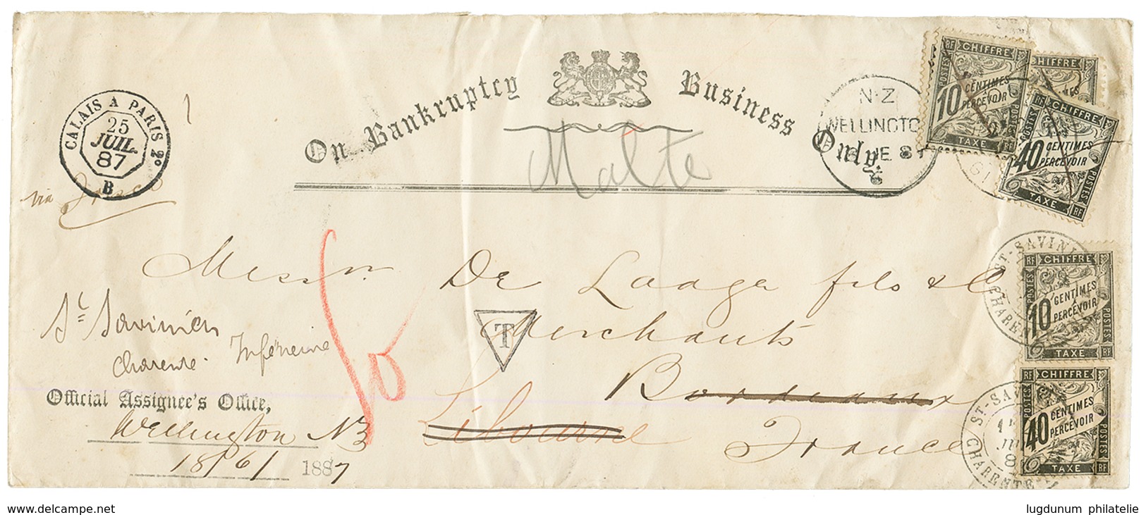 NEW ZEALAND : 1889 Envelope From WELLINGTON To FRANCE Taxed On Arrival With French POSTAGE DUES 10c(x3) + 40c(x3 Canc. S - Autres & Non Classés