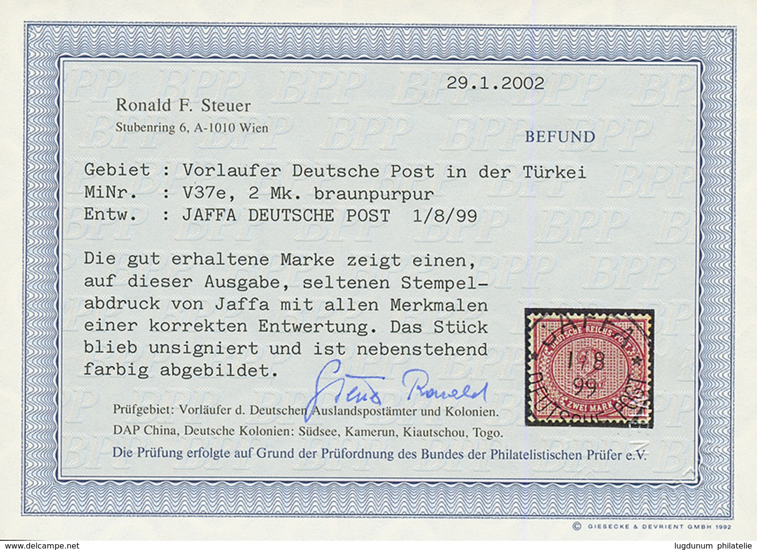 PALESTINE - GERMAN P.O : GERMANY 2 MARK Canv. JAFFA. STEUER Certificate (2002). RARE. Superb. - Palestina