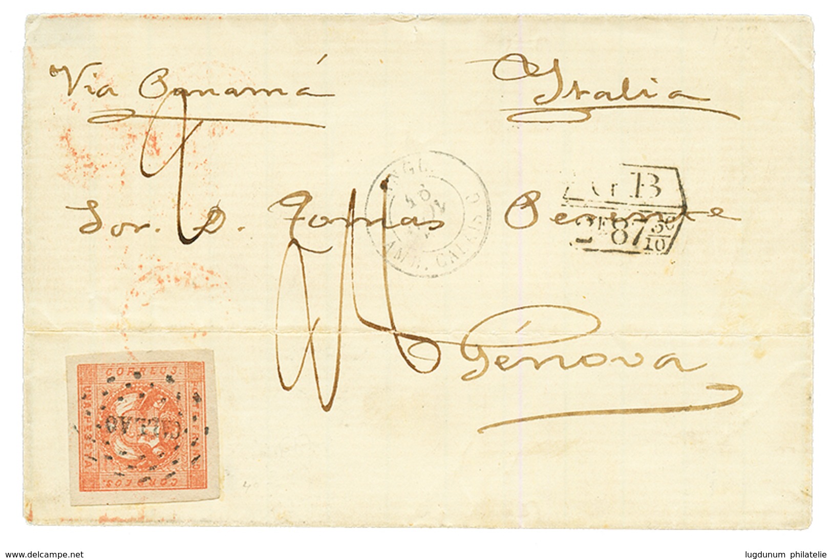 PERU : 1858 1D Red Canc. CALLAO + GB/2F87 + "28" Tax Marking On Cover To ITALY. PF Certificate (2001). Vf. - Perù