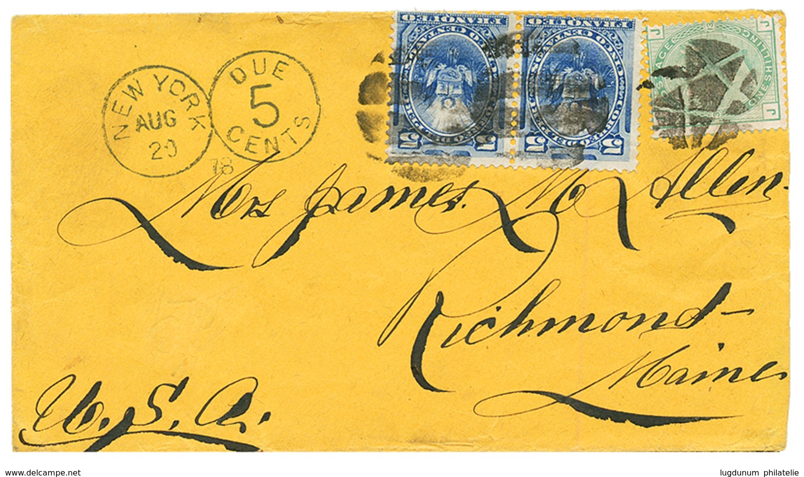PERU : 1878 GB 1 Shilling + PERU 5c(x2) Canc. Circular Bar Cork On Envelope To RICHMOND (USA). Scarce. MOORHOUSE Certifi - Peru