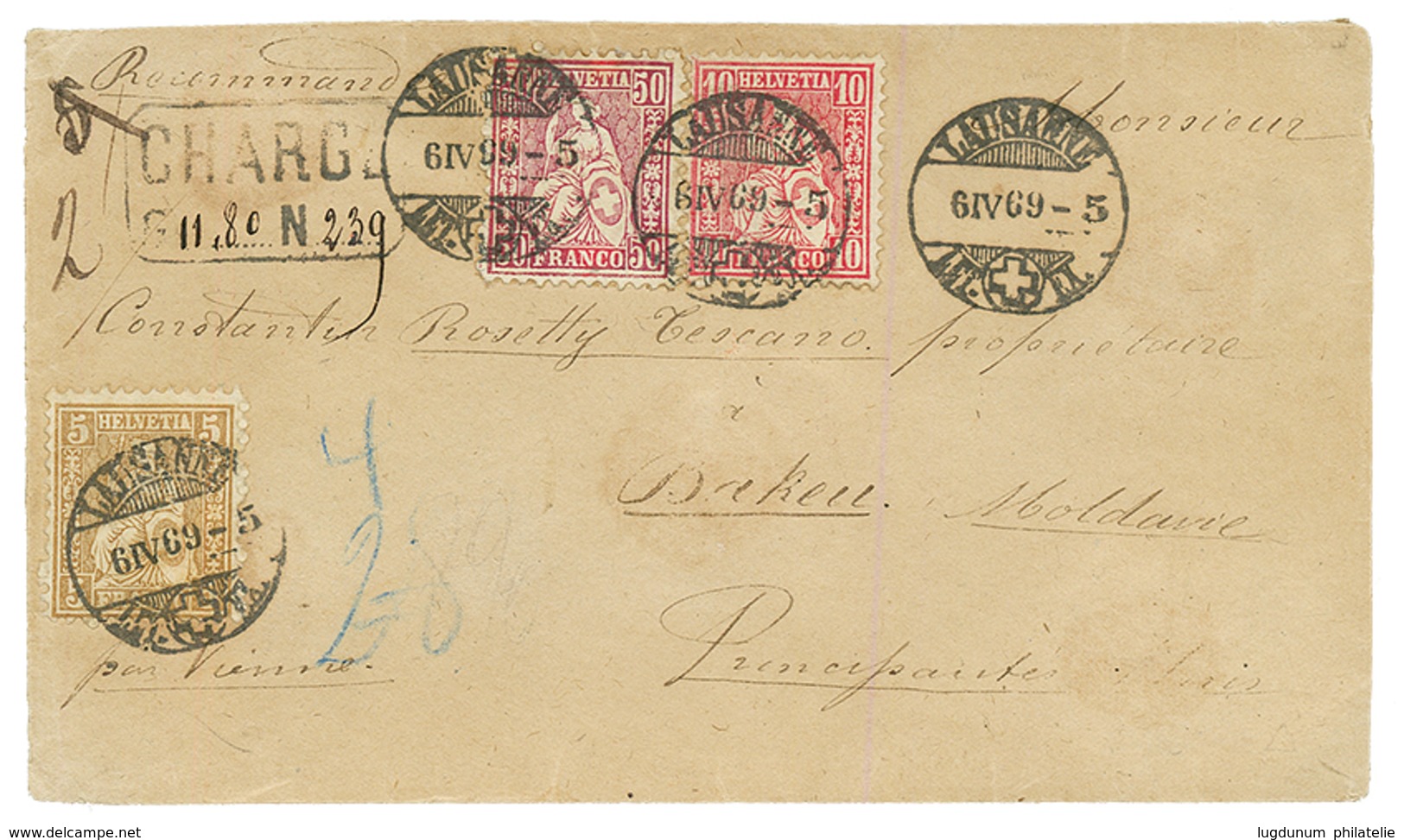 ROMANIA - Incoming Mail : 1869 SWITZERLAND 5c + 10c + 50c Canc. LAUSANNE + Boxed CHARGE On REGISTERED Envelope To BAKEU  - Andere & Zonder Classificatie