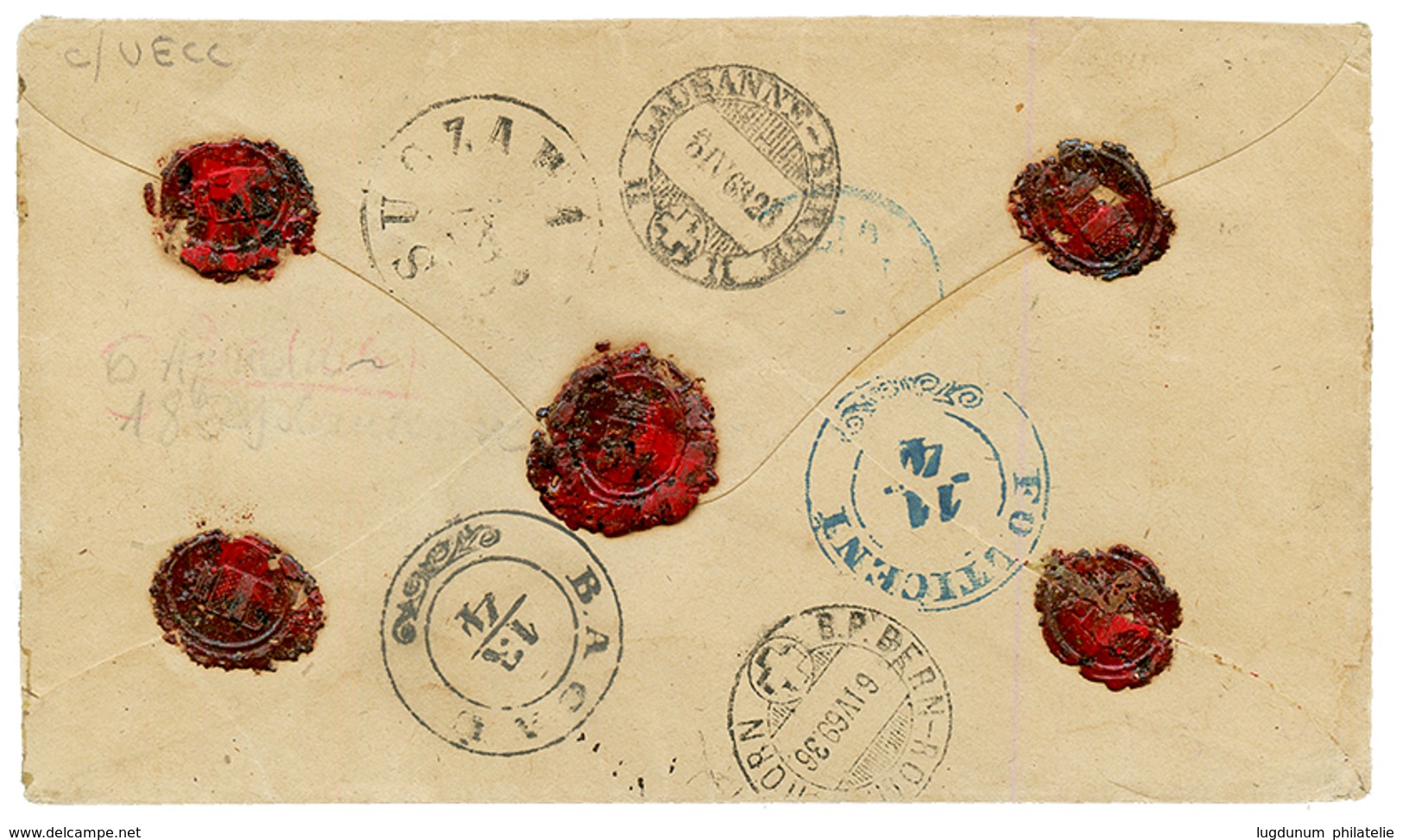 ROMANIA - Incoming Mail : 1869 SWITZERLAND 5c + 10c + 50c Canc. LAUSANNE + Boxed CHARGE On REGISTERED Envelope To BAKEU  - Sonstige & Ohne Zuordnung