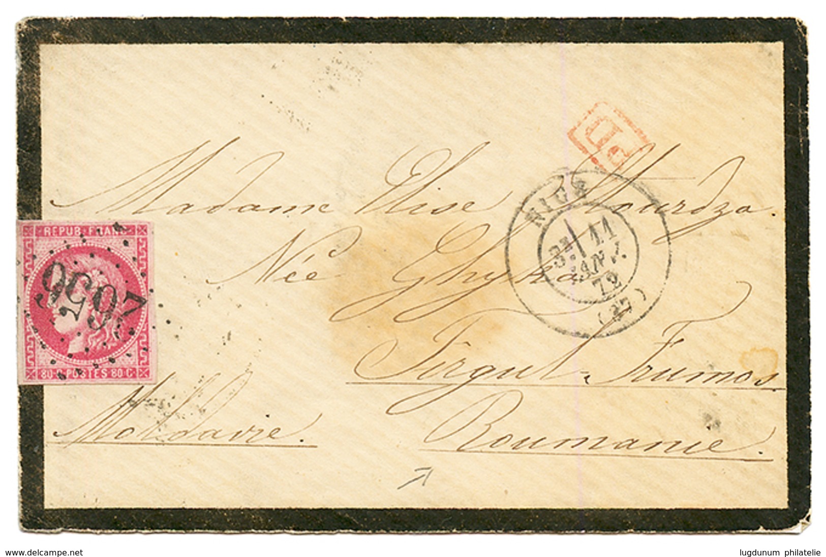 ROMANIA - Incoming Mail : 1872 FRANCE 80c BORDEAUX Issue (n°49) Canc. GC 2656 + NICE On Envelope To MOLDAVIE ROUMANIE. V - Otros & Sin Clasificación