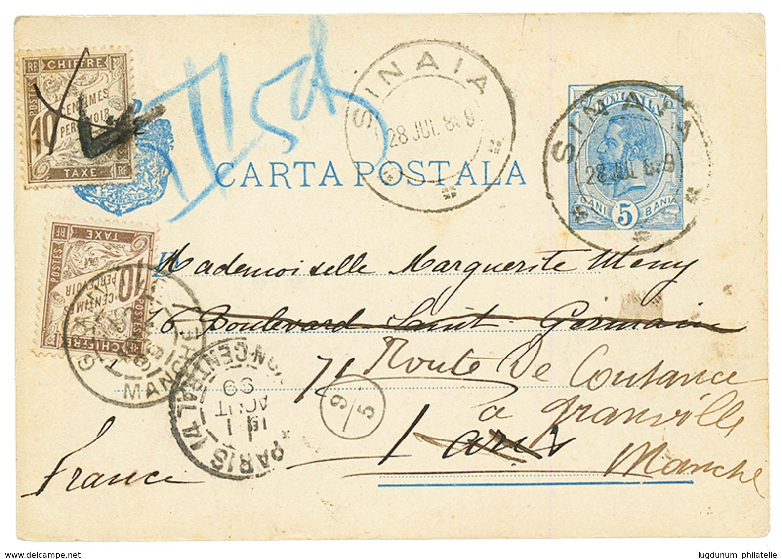 ROMANIA : 1899 P./Stat 5b Canc. SINAIA To PARIS Taxed On Arrival With French POSTAGE DUES 10c(x2). Scarce. Vvf. - Otros & Sin Clasificación