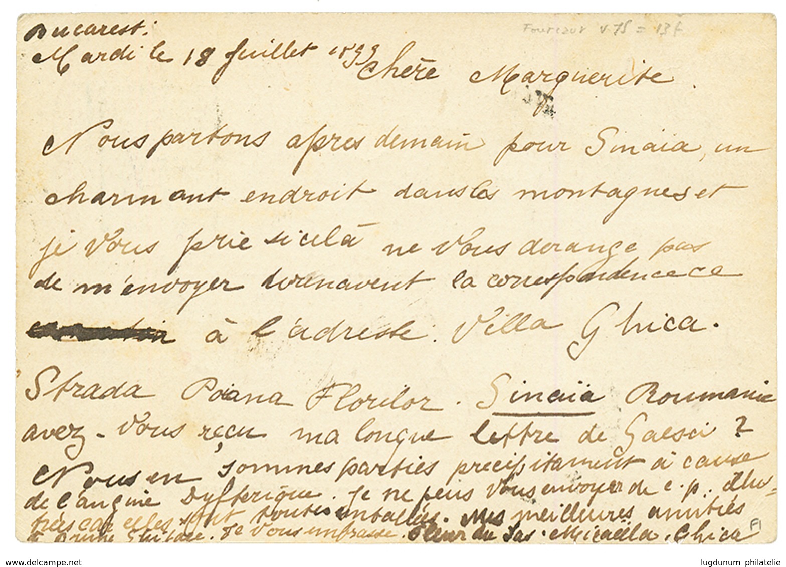 ROMANIA : 1899 P./Stat 5b Canc. SINAIA To PARIS Taxed On Arrival With French POSTAGE DUES 10c(x2). Scarce. Vvf. - Sonstige & Ohne Zuordnung