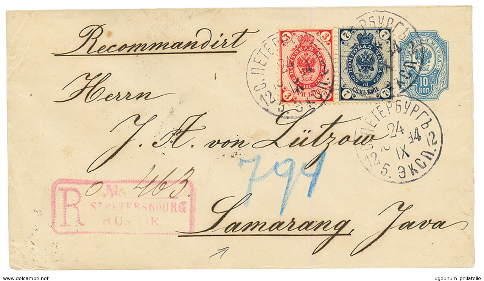 RUSSIA To JAVA : 1894 P./Stat 10k + 3k+ 7k Sent REGISTERED From ST PETERSBURG To NETHERLANDS INDIES. Vvf. - Other & Unclassified