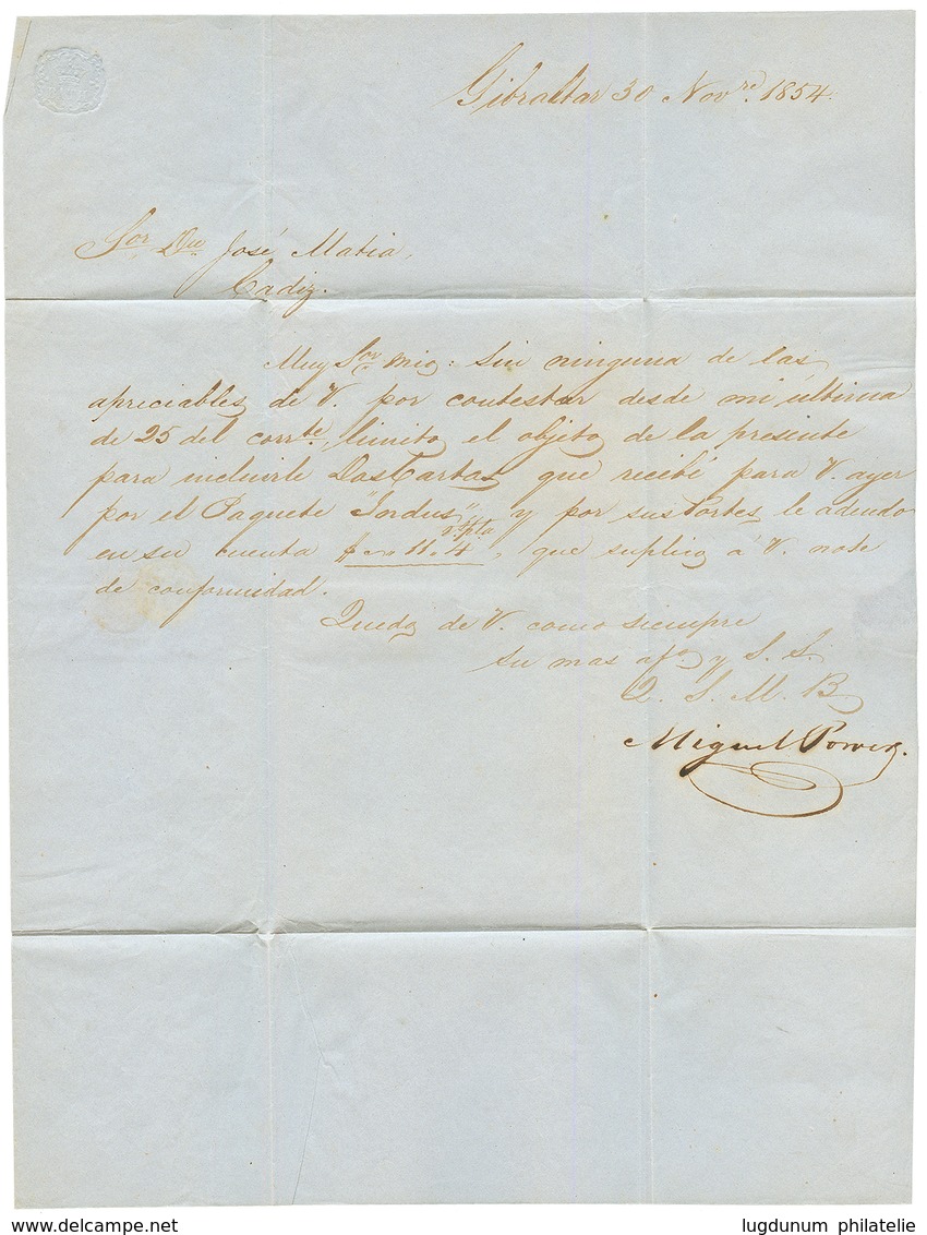 SPAIN / GIBRALTAR : 1854 4c (just Touched At Left) On Entire Letter From GIBRALTAR To CADIZ. RARE. Vvf. - Otros & Sin Clasificación