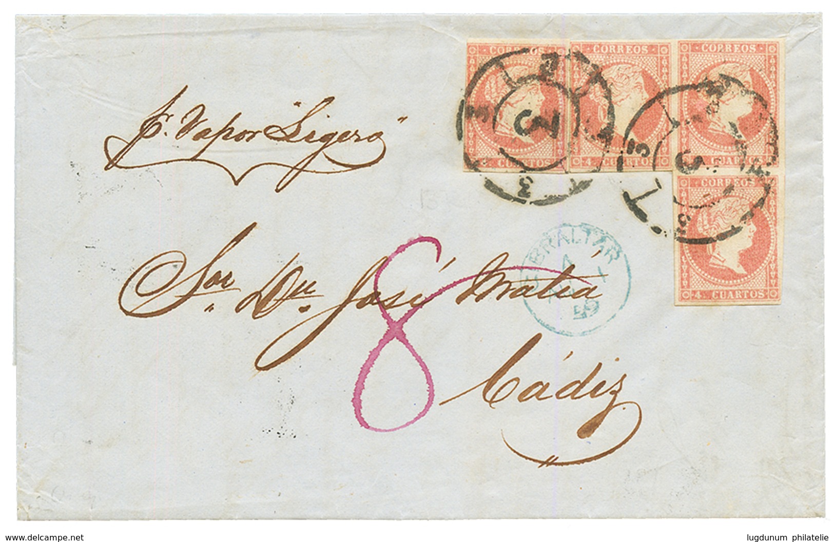 SPAIN / GIBRALTAR : 1859 4c(x4) Canc. 3 + GIBRALTAR Blue On Entire Letter From GIBRALTAR To CADIZ. COMEX Certificate (20 - Otros & Sin Clasificación