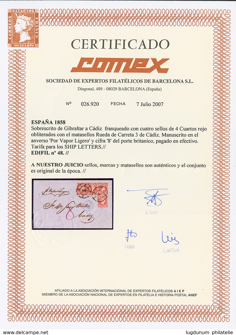 SPAIN / GIBRALTAR : 1859 4c(x4) Canc. 3 + GIBRALTAR Blue On Entire Letter From GIBRALTAR To CADIZ. COMEX Certificate (20 - Otros & Sin Clasificación
