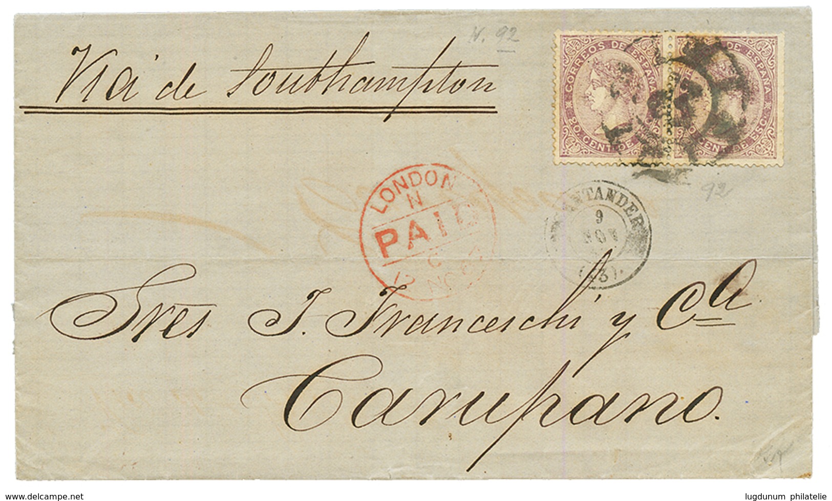 1867 SPAIN 20c(x2) On Entire Letter From SANTANDER To CARUPANO VENEZUELA. Vvf. - Otros & Sin Clasificación