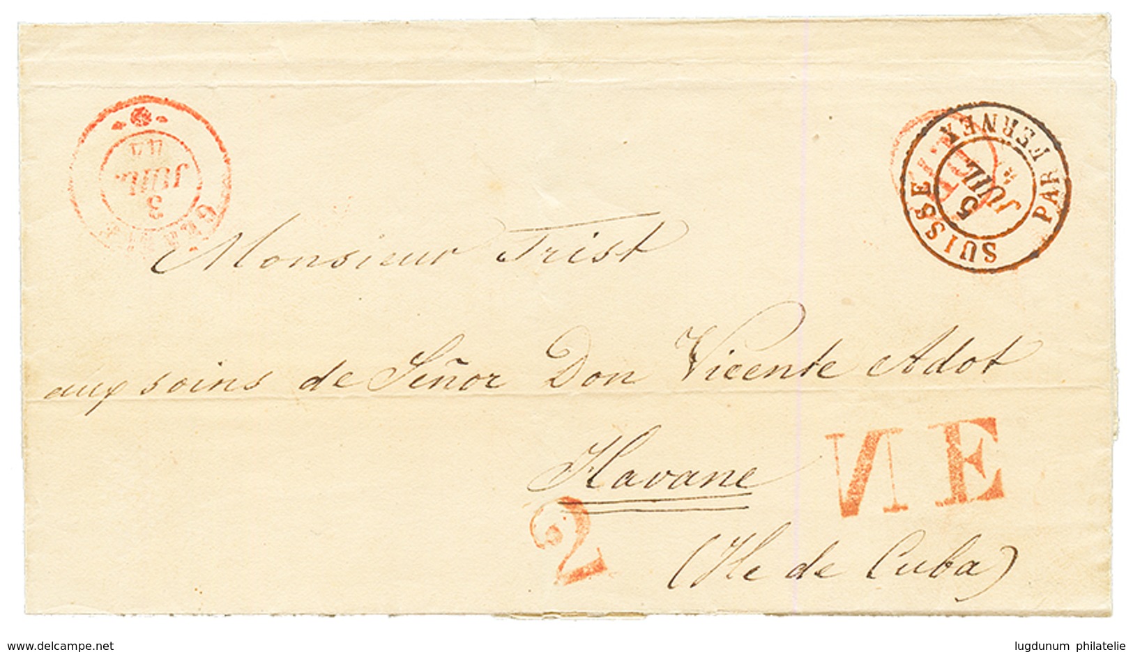 CUBA : 1844 GENEVE + P.P + SUISSE PAR FERNEX + Extremely Scarce Cachet NE In Red (unique In This Color) On Cover To HAVA - Sonstige & Ohne Zuordnung