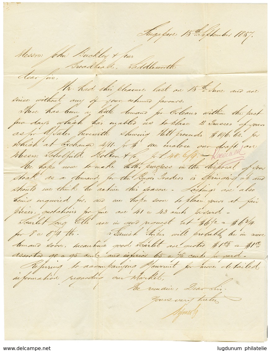 STRAITS SETTLEMENTS : 1857 Boxed OVERLAND Via MARSEILLES + Red Cachet M/NR On Entire Letter From SINGAPORE To GREAT BRIT - Straits Settlements