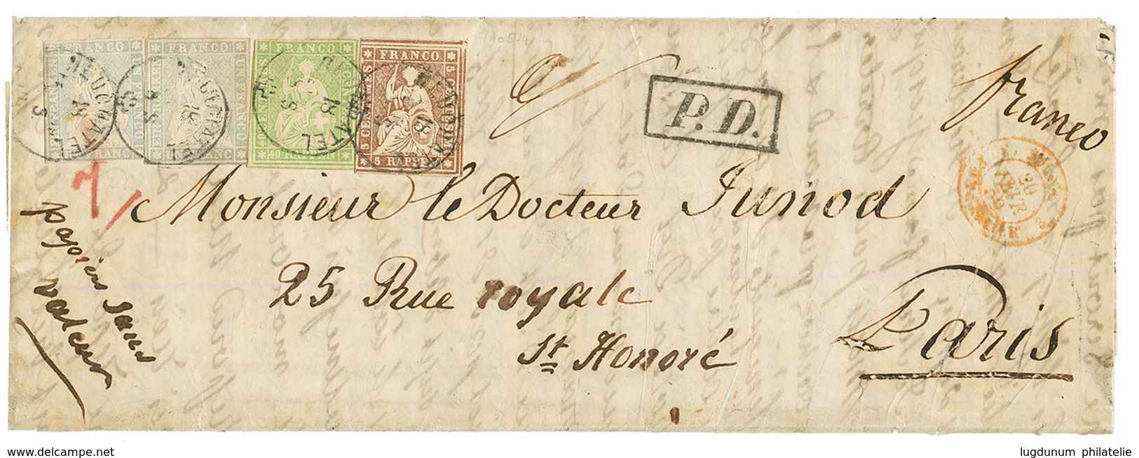 SWITZERLAND : 1859 1F(x2) + 40r + 5r Canc. NEUCHATEL On Cover To PARIS (FRANCE). Inside Text With Fault (tears). Very Ra - Altri & Non Classificati