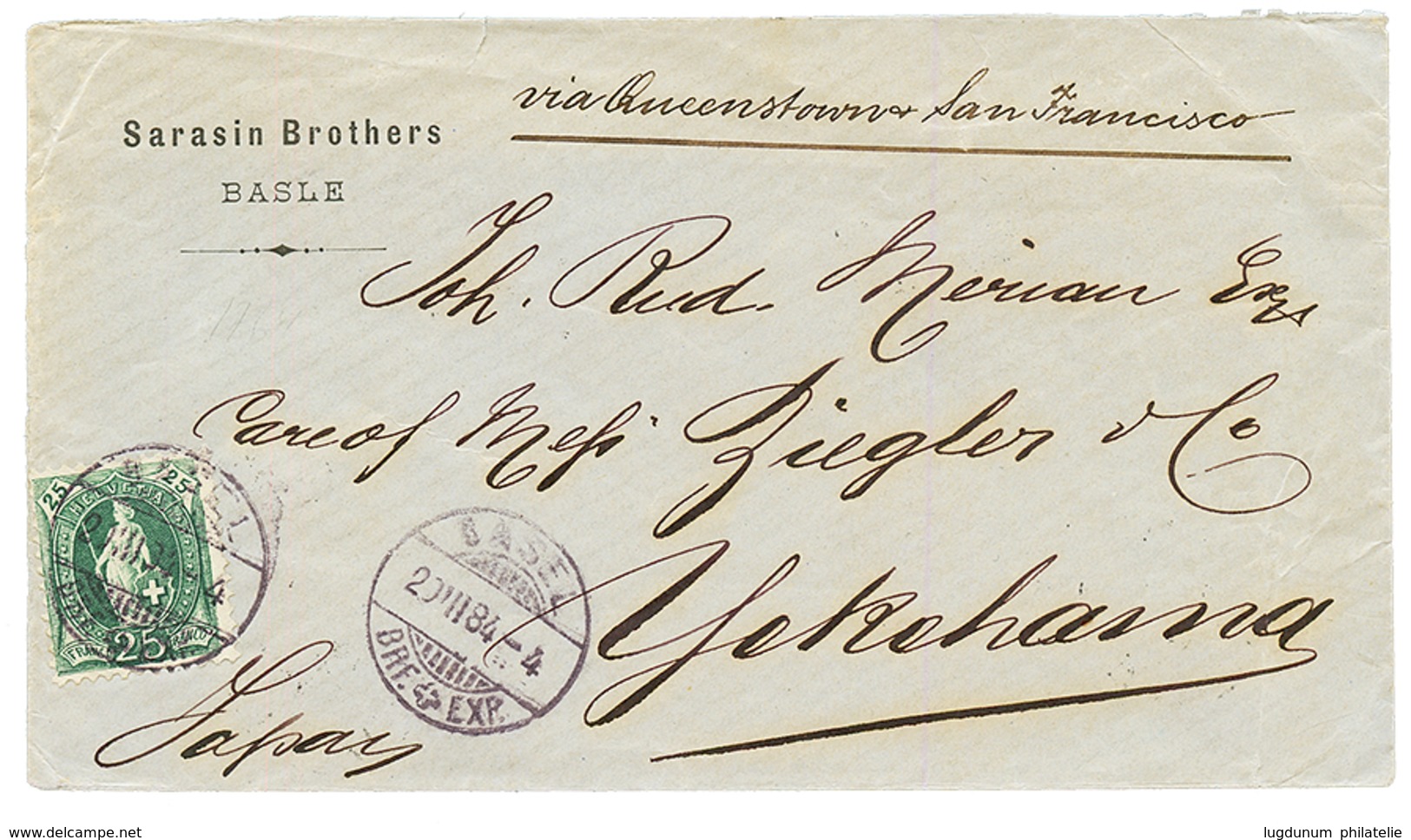 SWITZERLAND : 1884 25c Canc. BASEL On Envelope Via QUEENSTOWN & SAN FRANCISCO To YOKOHAMA (JAPAN). Verso, Arrival Cds YO - Sonstige & Ohne Zuordnung