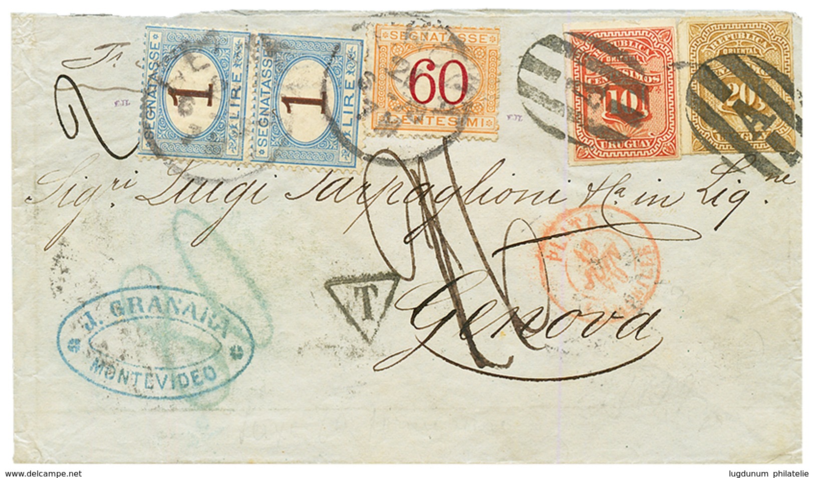 URUGUAY : 1879 10c + 20c + PLATA-MARSEILLE In Red On Envelope To ITALY Taxed With 1L(x2)+ 60c. Vvf. - Uruguay