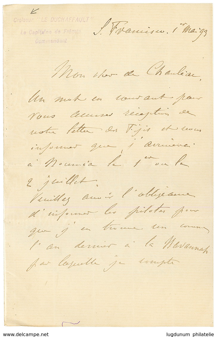 USA To NEW CALEDONIA : 1893 5c Canc. SAN FRANCISCO On Envelope (fault) With Text Datelined "CROISEUR LE DUCHAFFAULT" To  - Andere & Zonder Classificatie