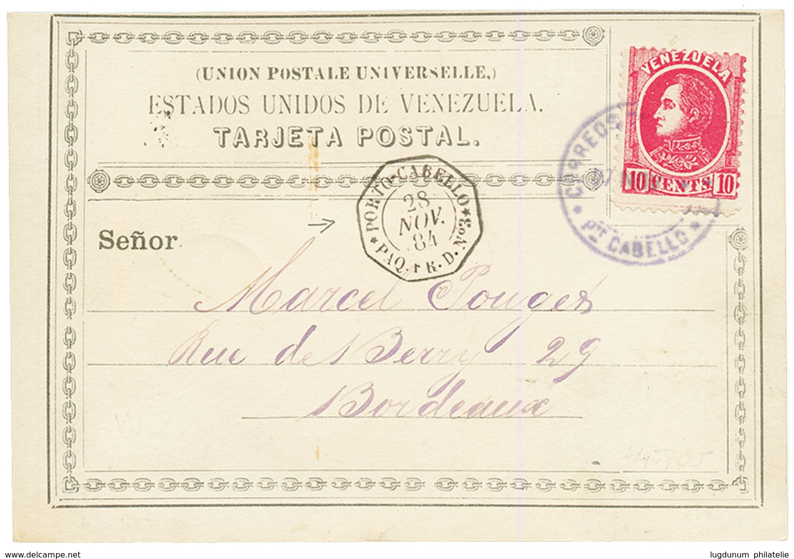 VENEZUELA : 1884 10c + Very Rare French Maritime Cachet PORTO-CABELLO PAQ FR. D N°3 On Card To FRANCE. Scarce. Superb. - Venezuela