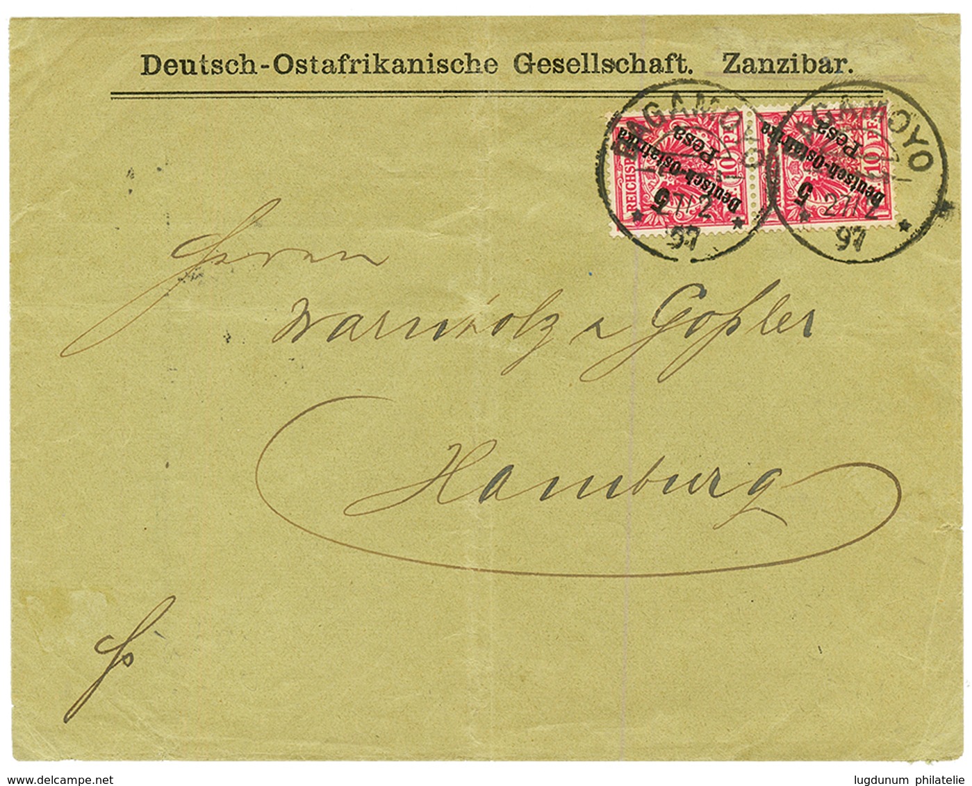 1897 DOA 5p On 10pf Canc. BAGAMOYO On Envelope From ZANZIBAR To HAMBURG. Vvf. - Andere & Zonder Classificatie