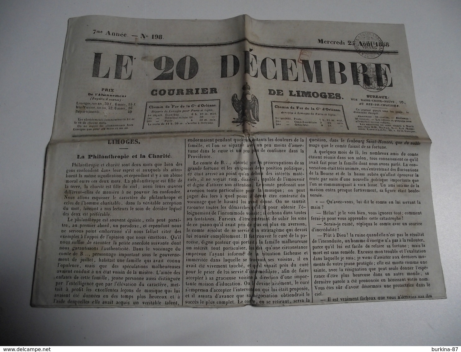 Le 20 DÉCEMBRE Courrier De Limoges 25 Août 1858, Journal - 1800 - 1849
