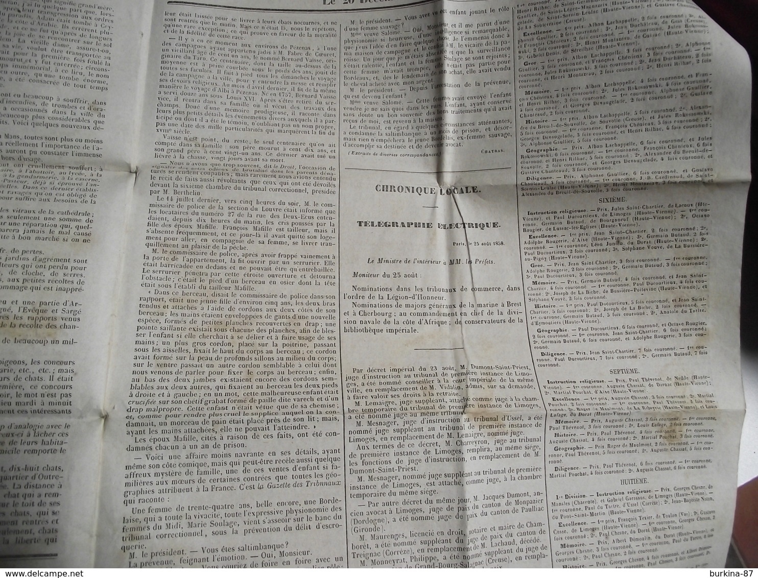 Le 20 DÉCEMBRE Courrier De Limoges 25 Août 1858, Journal - 1800 - 1849