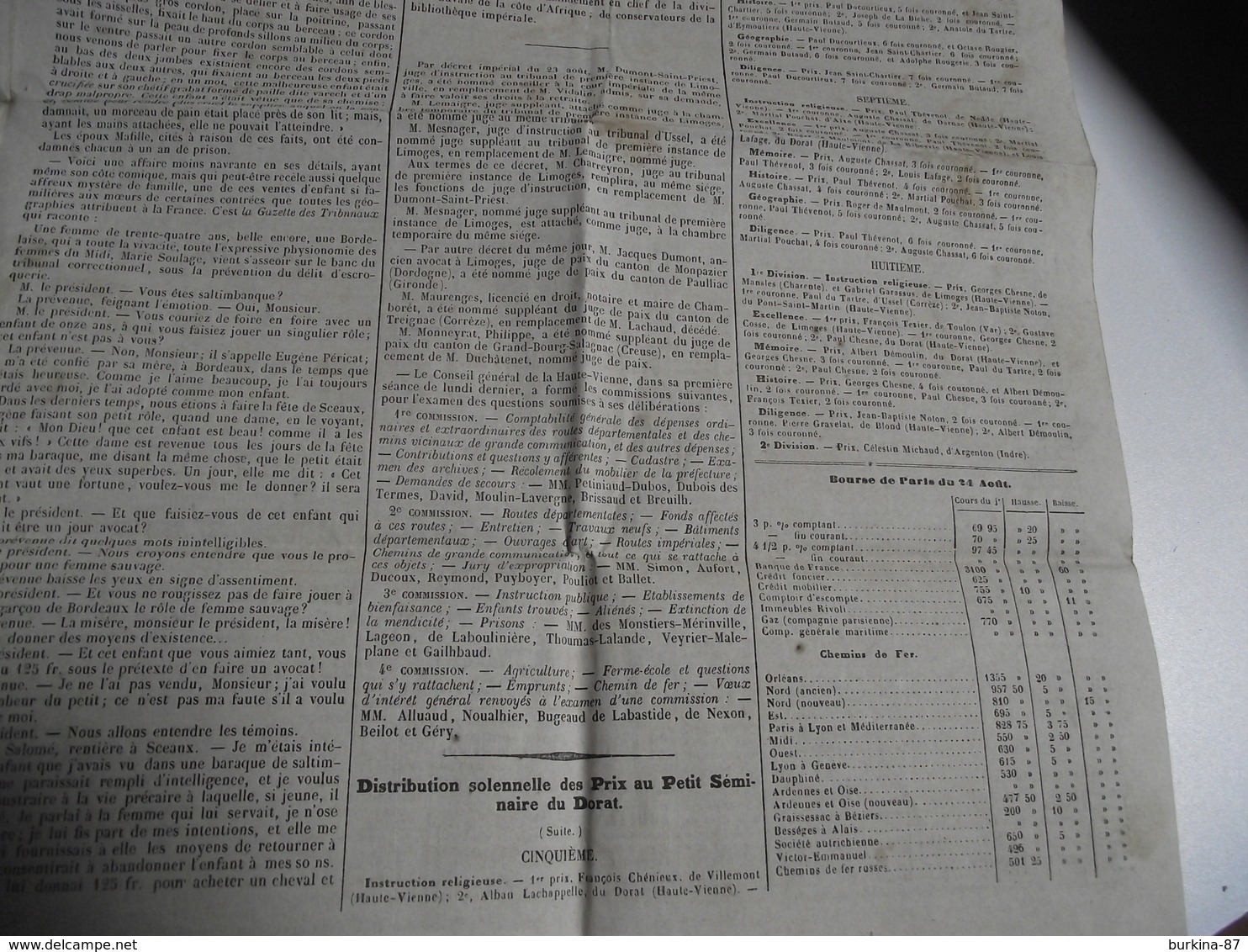 Le 20 DÉCEMBRE Courrier De Limoges 25 Août 1858, Journal - 1800 - 1849