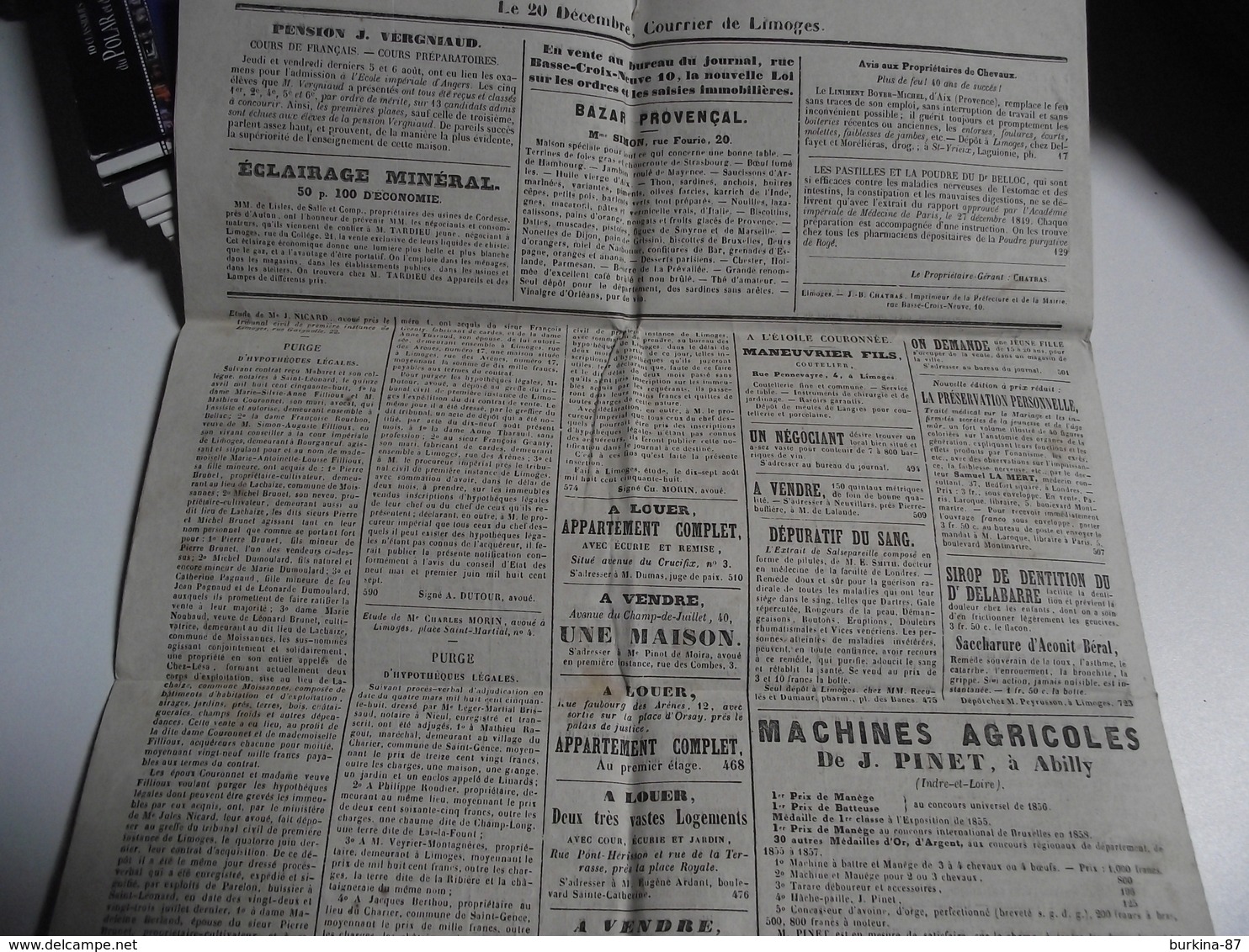 Le 20 DÉCEMBRE Courrier De Limoges 25 Août 1858, Journal - 1800 - 1849