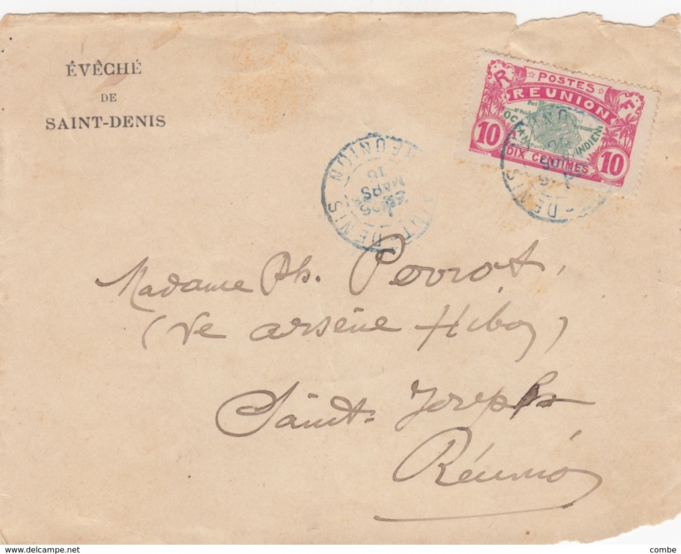 LETTRE. DEVANT. REUNION. 1916. 10C. EVECHÉ DE ST DENIS POUR ST JOSEPH   /   3 - Storia Postale