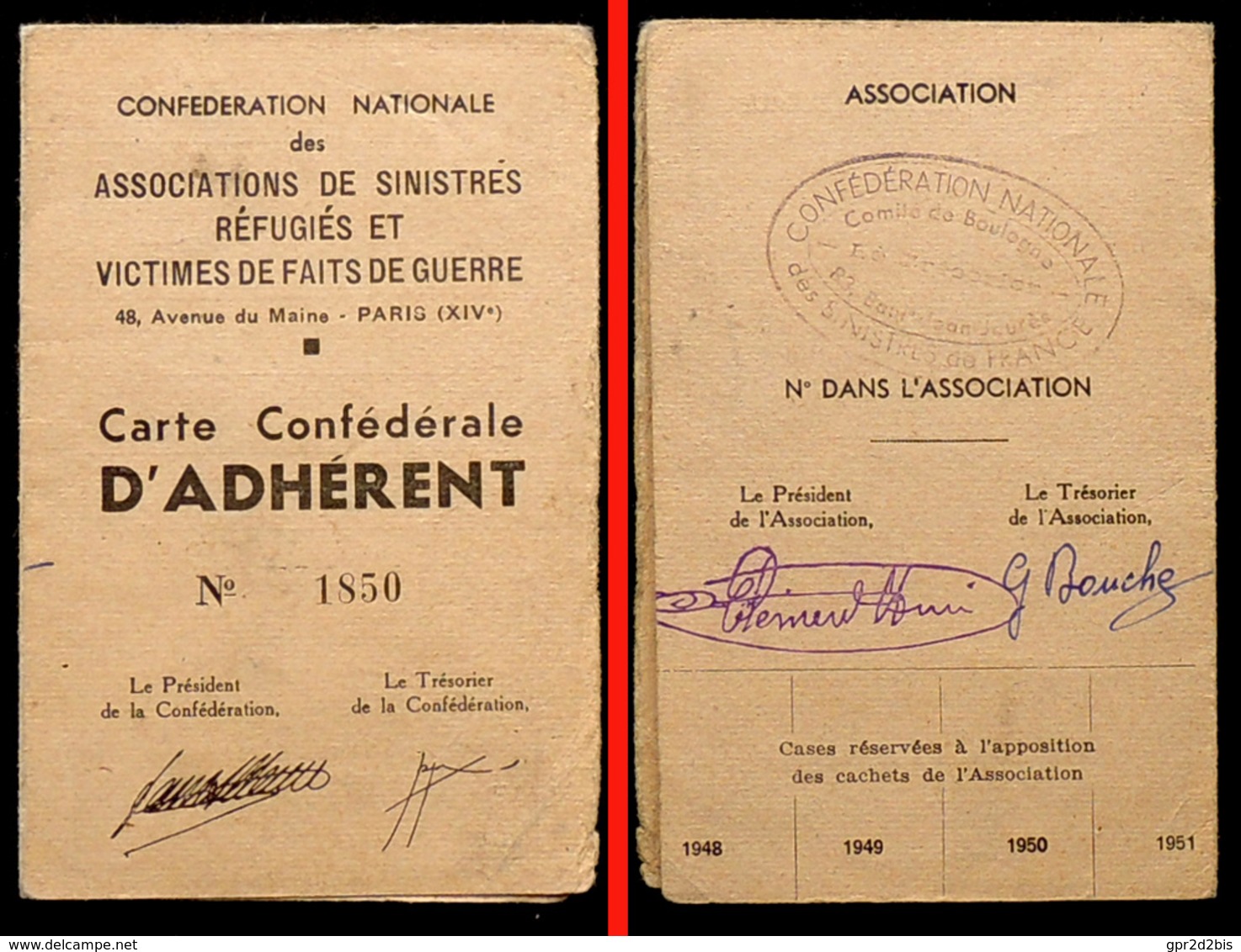 Carte D' Adhérent Association Sinistrés, Réfugiés & Victimes De Guerre N°1850 - 1939-45