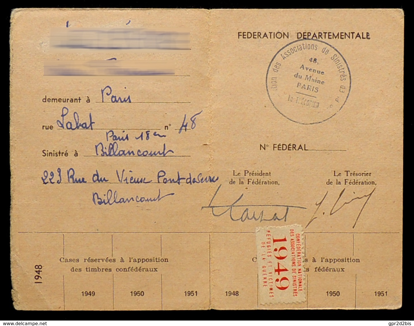 Carte D' Adhérent Association Sinistrés, Réfugiés & Victimes De Guerre N°1850 - 1939-45