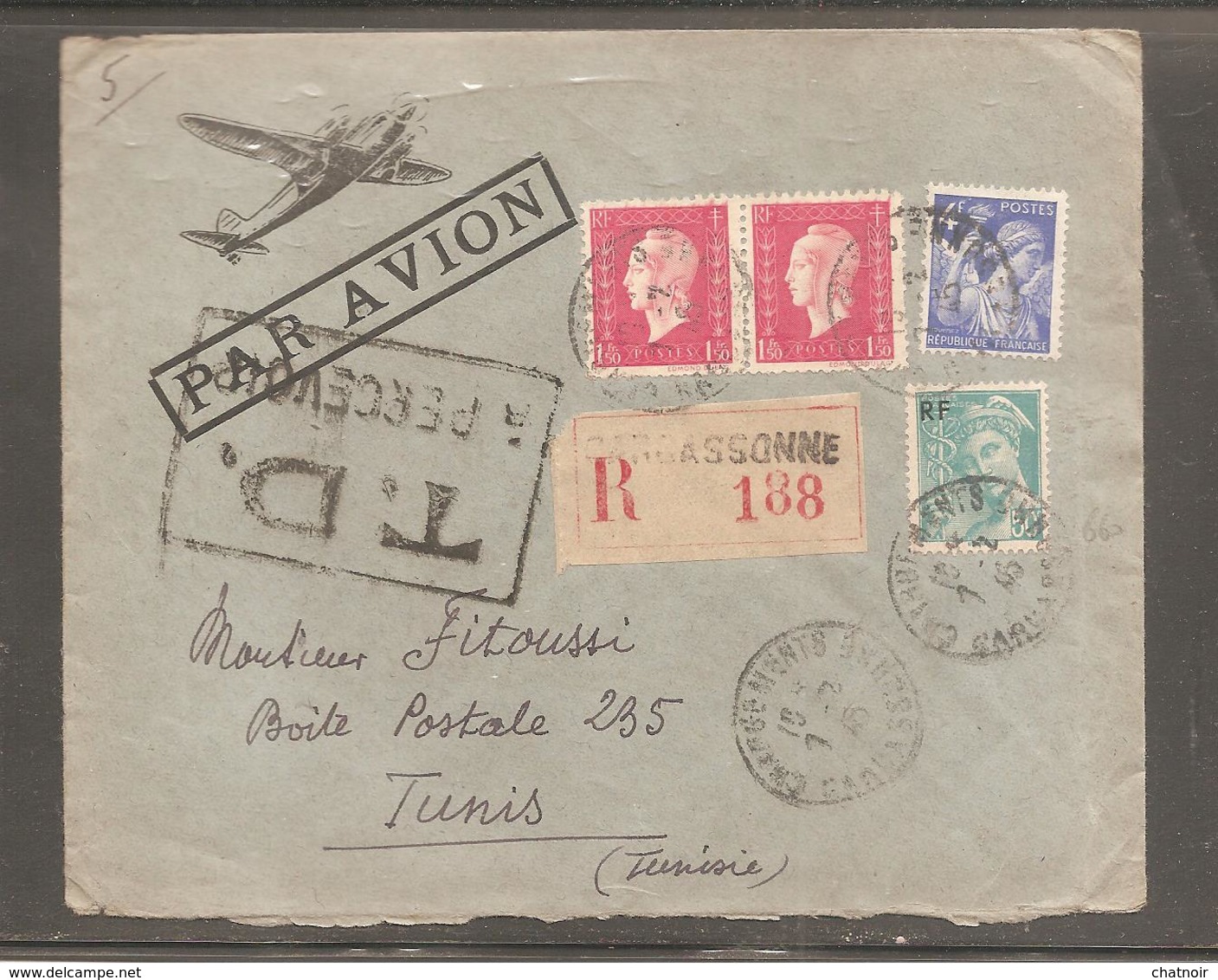 Enveloppe Par Avion  Oblit Chargement  CARCASSONNE  1945  Recom /dulac/iris/ Mercure/ Dos Etiquette Douane Pour Tunisie - 1944-45 Marianne Van Dulac