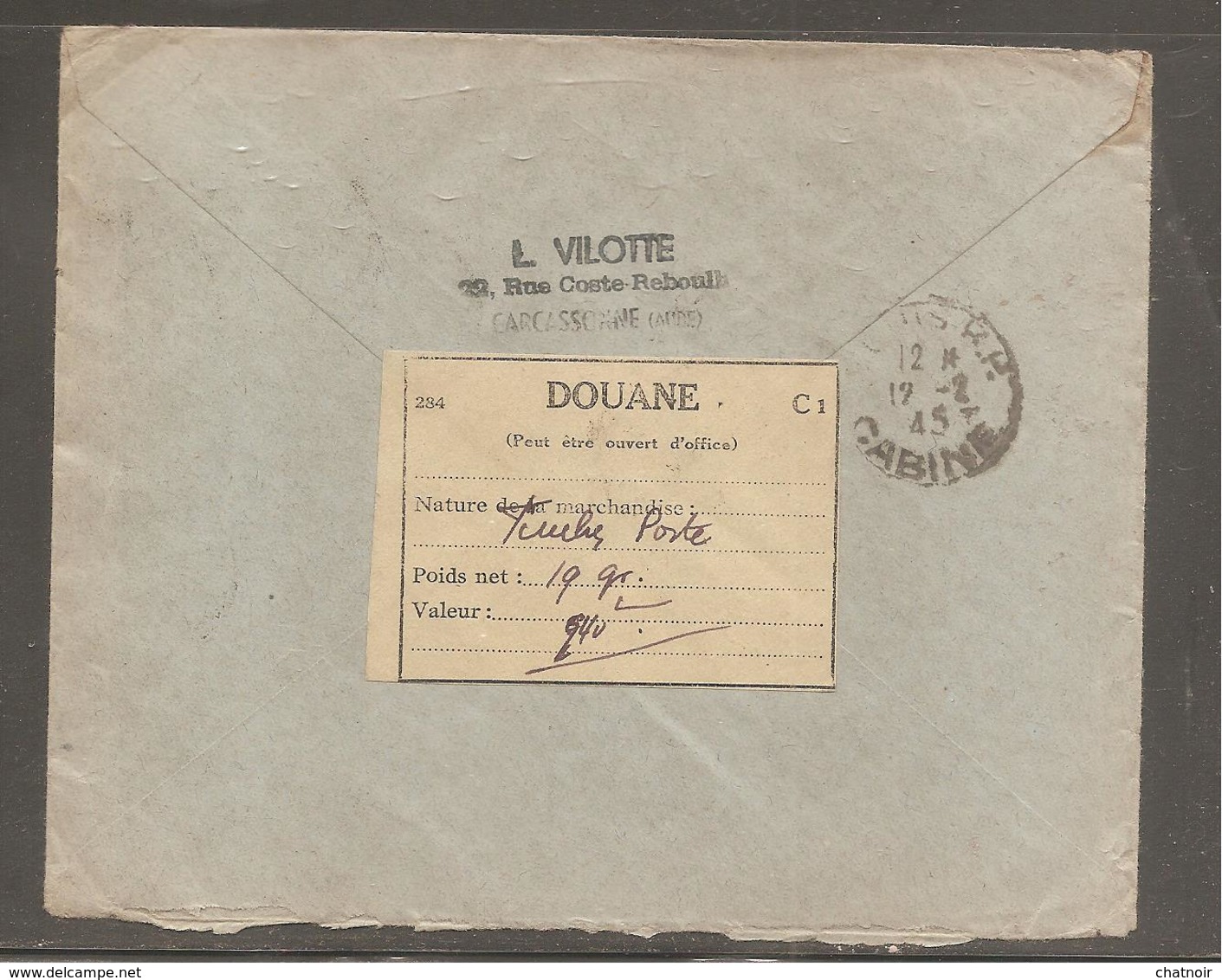 Enveloppe Par Avion  Oblit Chargement  CARCASSONNE  1945  Recom /dulac/iris/ Mercure/ Dos Etiquette Douane Pour Tunisie - 1944-45 Marianne Van Dulac