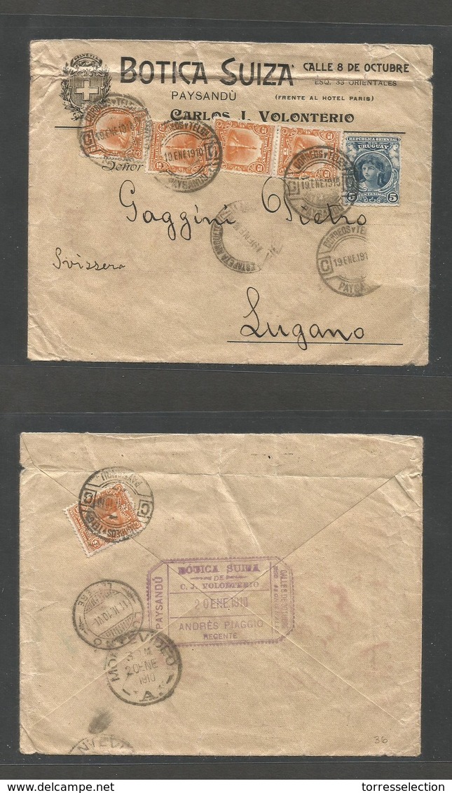 URUGUAY - Stationery. 1910 (19 Ene) Paysandu - Switzerland, Lugano (11 Feb) Botica Suiza Ilustrated Envelope Multifkd On - Uruguay