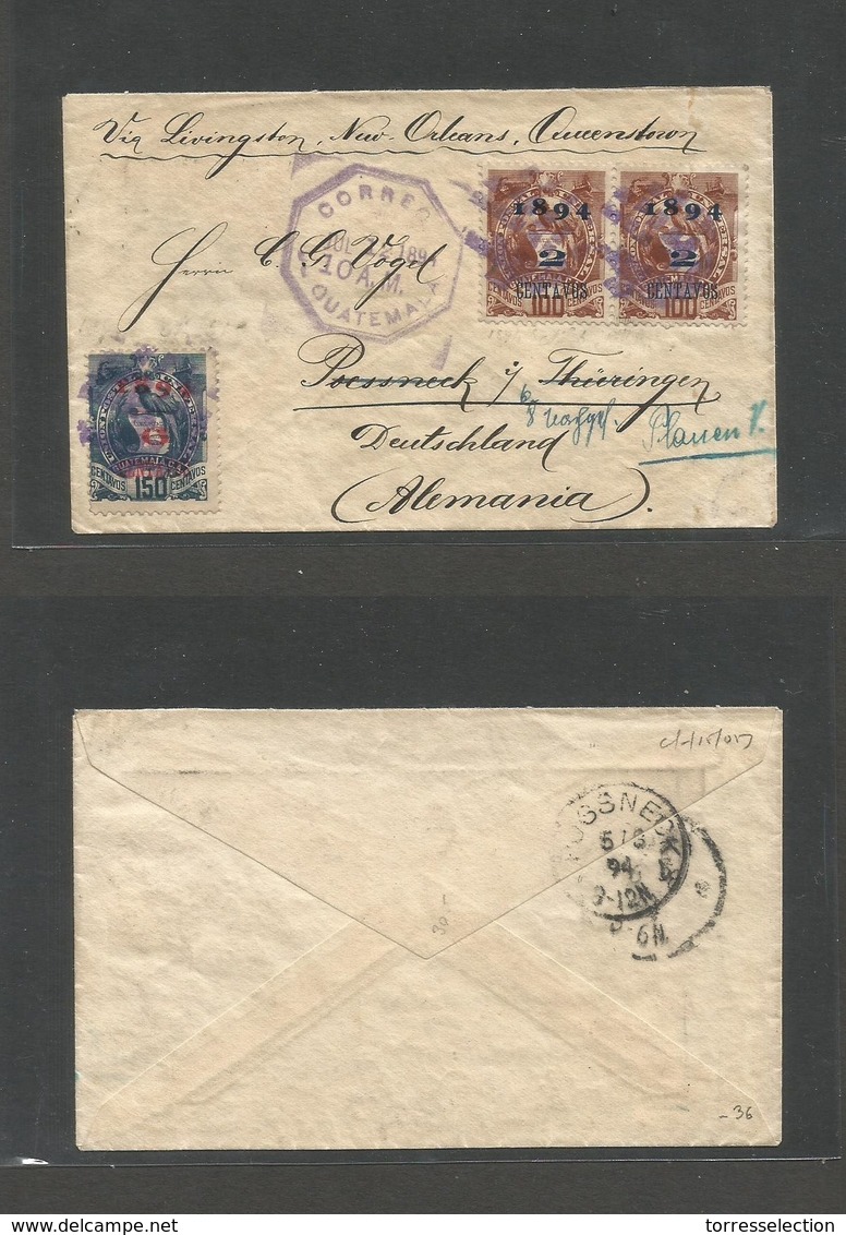 GUATEMALA. 1894 (12 July) Guatemala - Germany, Thuringen (5 Aug 94) Multfkd Overprinted Issue Envelope, Tied Lilac Print - Guatemala