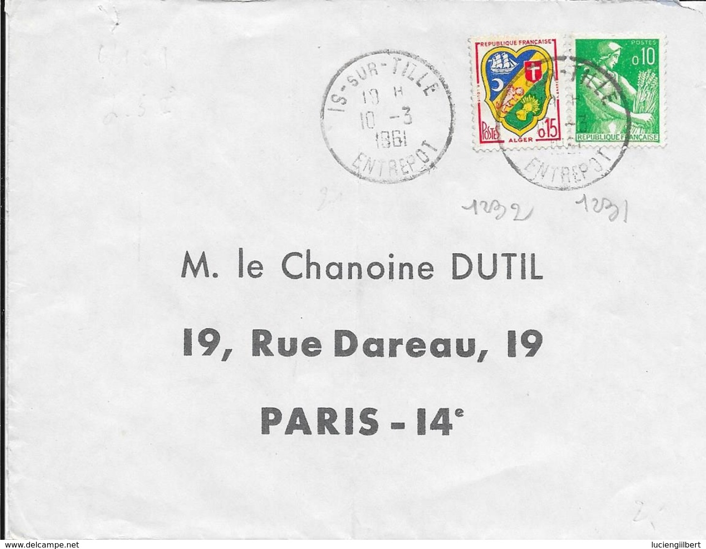 COTE D'OR 21  -   IS SUR TILLE  ENTREPOT    - CACHET RECETTE R  A7  - 1961- - Manual Postmarks