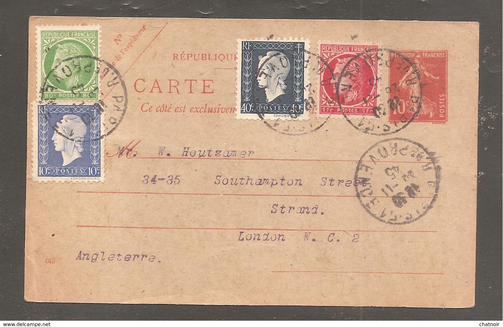CARTE POSTALE ENTIER 10C SEMEUSE + Complement DULAC MERCURE  OBLIT PARIS 1945 Pour Londres  Angleterre - Other & Unclassified
