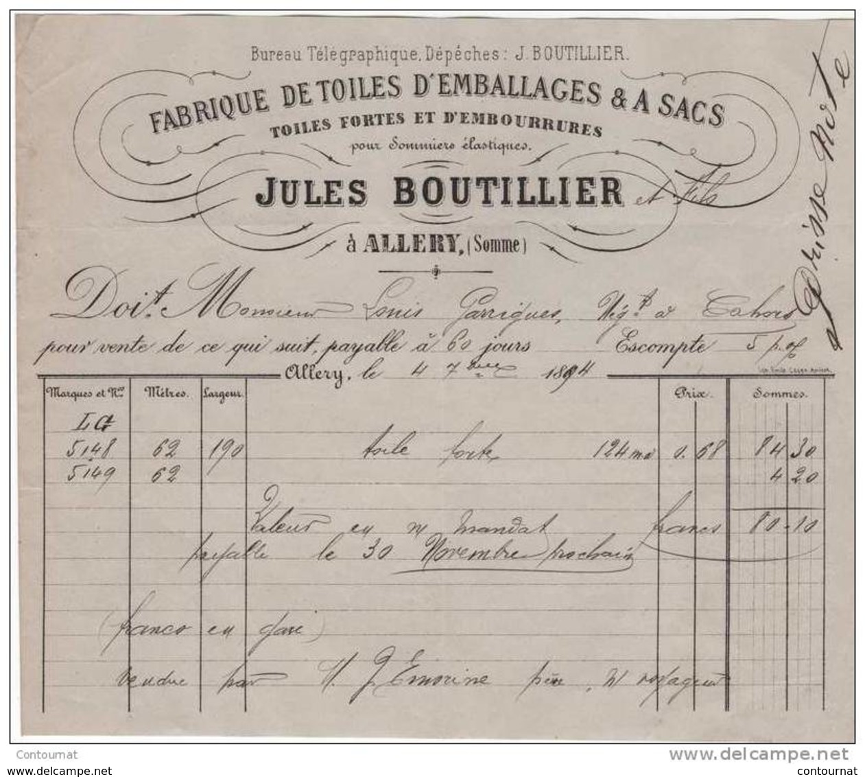 80 ALLERY Près HALLENCOURT  FACTURE 1894 FABRIQUE DE TOILES D' EMBALLAGES & A SACS Jules BOUTILLIER    - T39 - 1800 – 1899